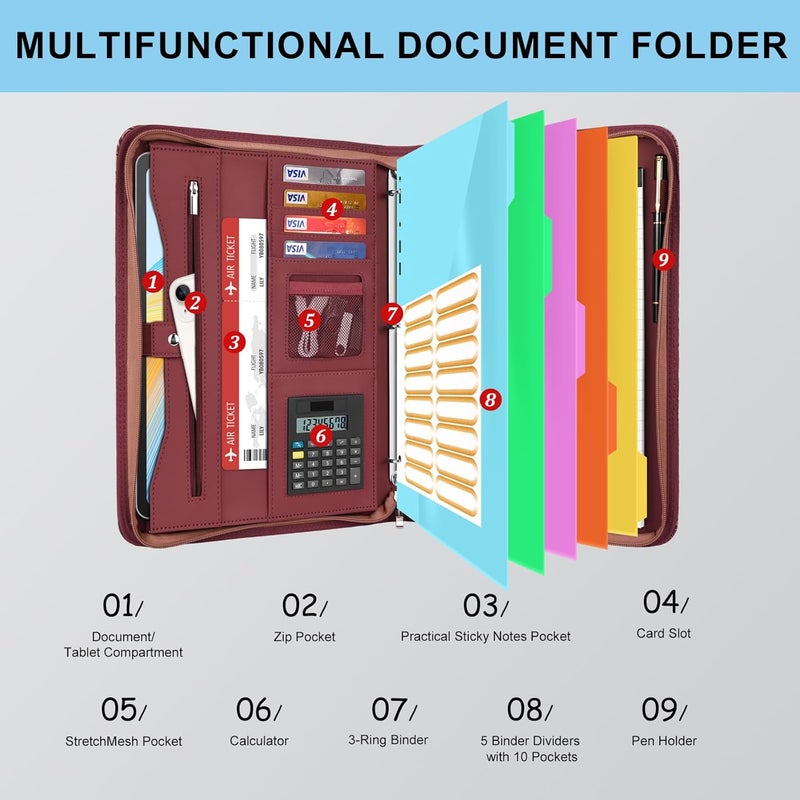 Eshow Portfolio Organizer - 3 Ring Binder with Zipper, Vegan Leather Business Padfolio Folder with Notepad Includes 5 Color Sheet Protectors for Documents Files for Men Women - Image 2